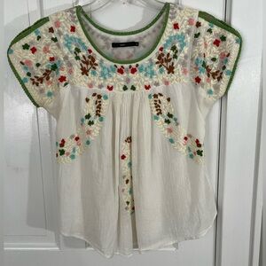 Hazel Anthropologie Boho Women’s Floral Embroidered Blouse Small Cottagecore
